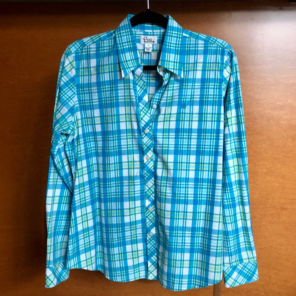 Lily Pulitzer Blue Plaid Button Down 10 EUC